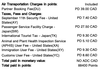 Aeroplan booking receipt showing 88,400 points.