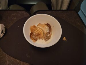 virgin atlantic upper class dinner dessert apple tart cream fresh