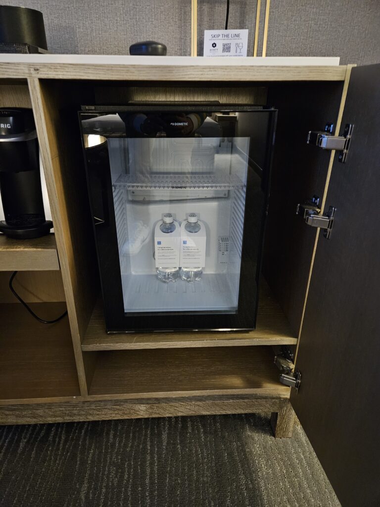 hyatt regency boston bedroom minibar mini bar minifridge mini fridge water world of hyatt