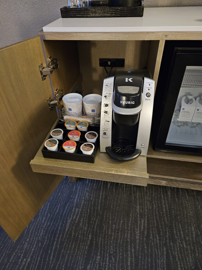 hyatt regency boston bedroom inroom in-room coffee keurig pod shelf extended out