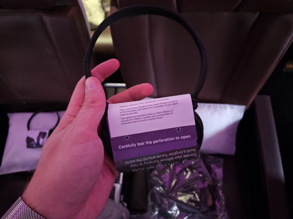 virgin atlantic a330 premium economy headphones envelope donation charity