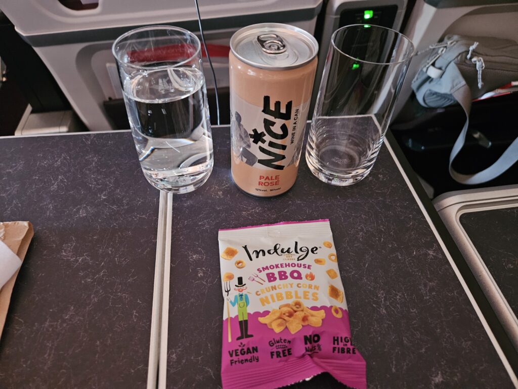 premium economy a330 virgin atlantic nibbles corn wine canned rose