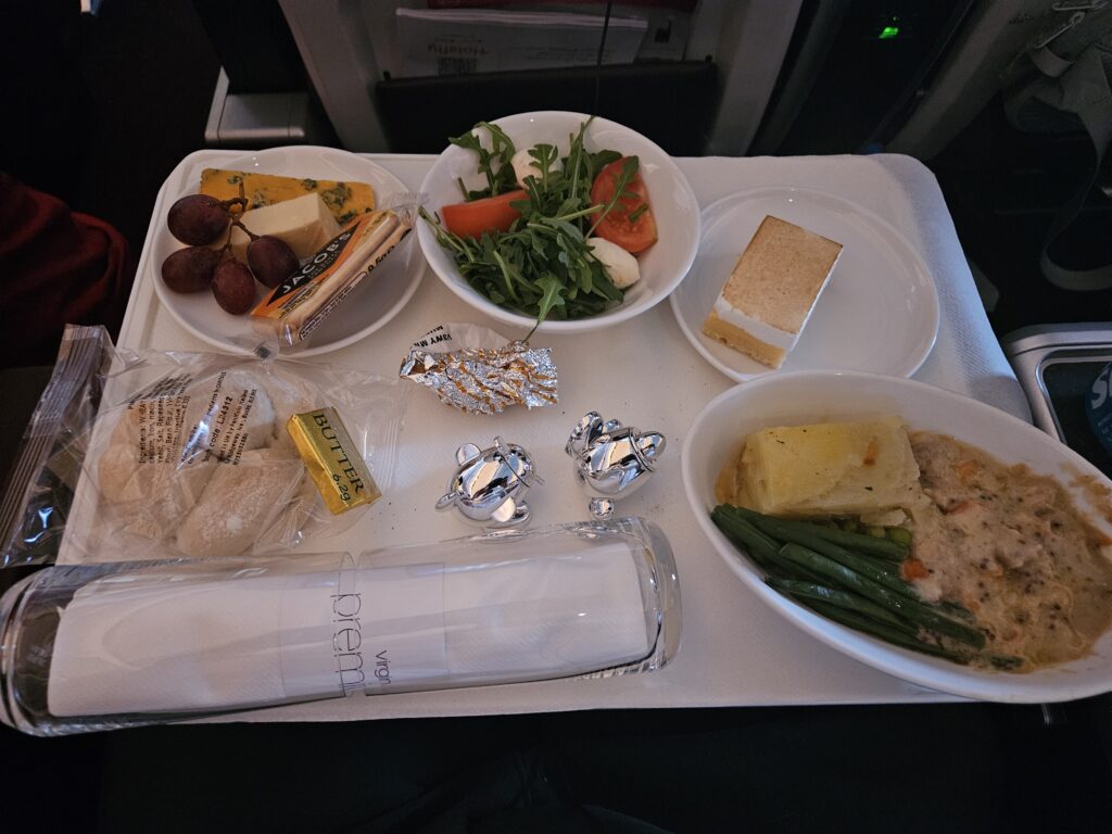 lunch chicken green beans salad cheese plate dessert premium economy virgin atlantic a330