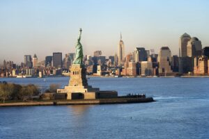 New York City Skyline And Statue Of Liberty