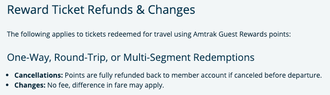 amtrak no cancellation fees award reward ticket